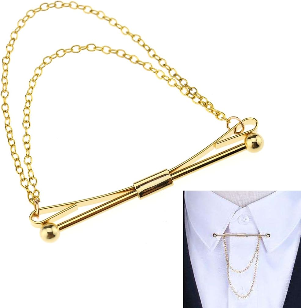 Mens Boy Shirt Collar Clip Bar Pin Clip Gold Chain Tie Brooch 6CM Bar Feast Gift, #1 Chain Pin - Image 5