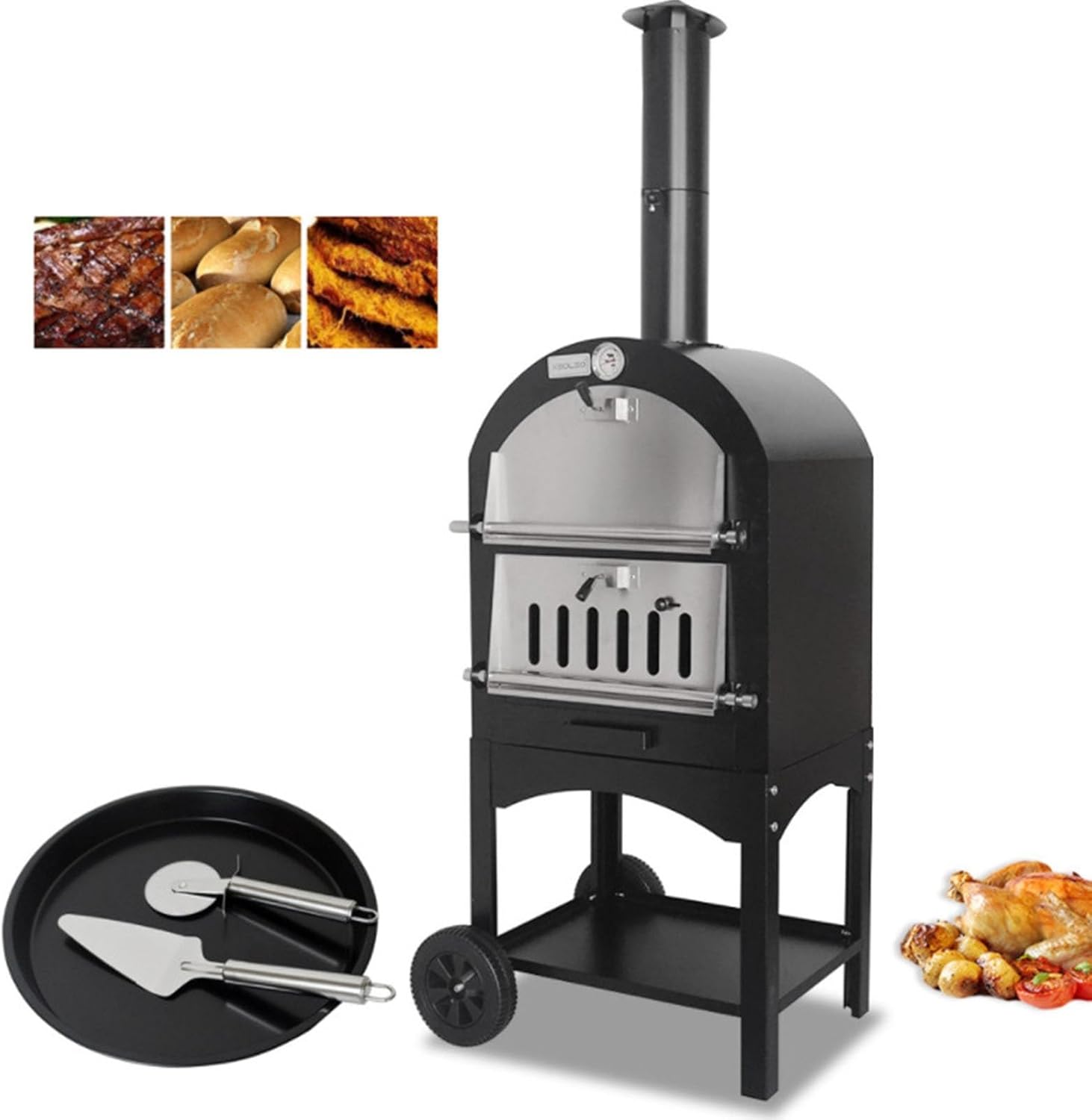NEONMAN Outdoor Pizza Oven pizza oven outdoor pizza outdoor ovens 2-Layer Wood Fired outdoor oven with 2 Removable Wheels Built-in Thermometer Portable Pizza Oven Heater for Barbecue Picnic Camping