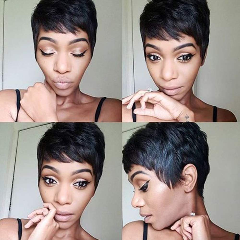 Gabrielle Short Human Hair Pixie Cut Wigs 100% Human Hair Cute Wig Short Pixie Wigs for Black Women Natural Boy Cut Wigs (Pixie Cut, 1B#)