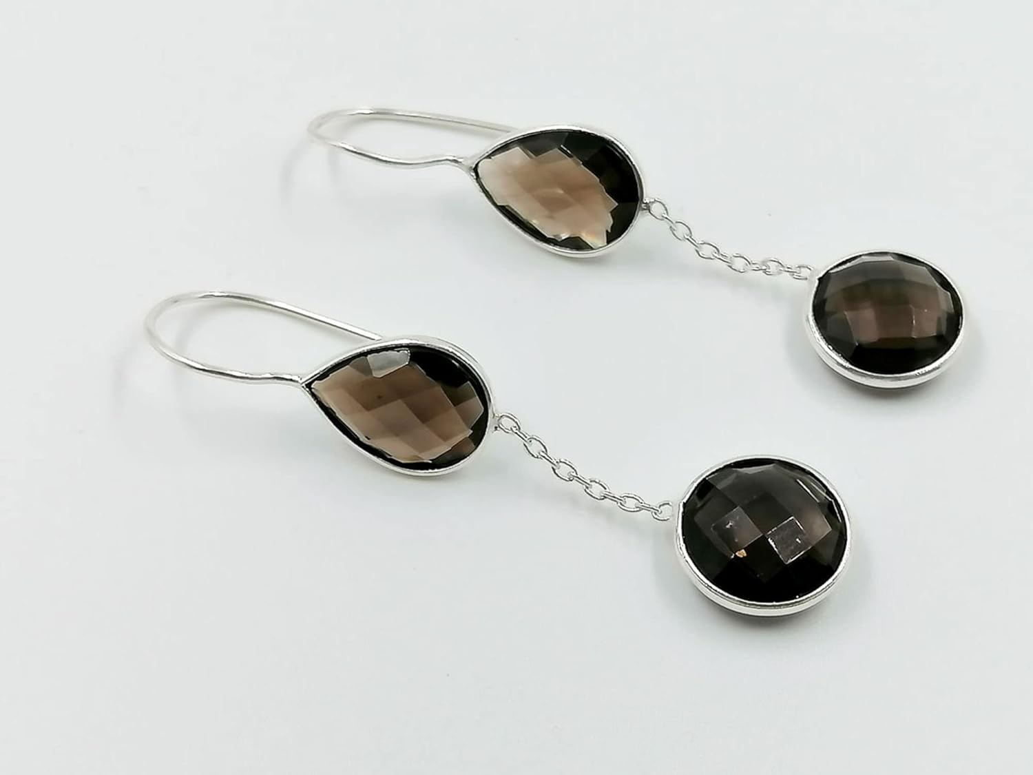 Smoky Quartz Gem Earring Drop dangle 925 Silver big size dangle stud Checker cut