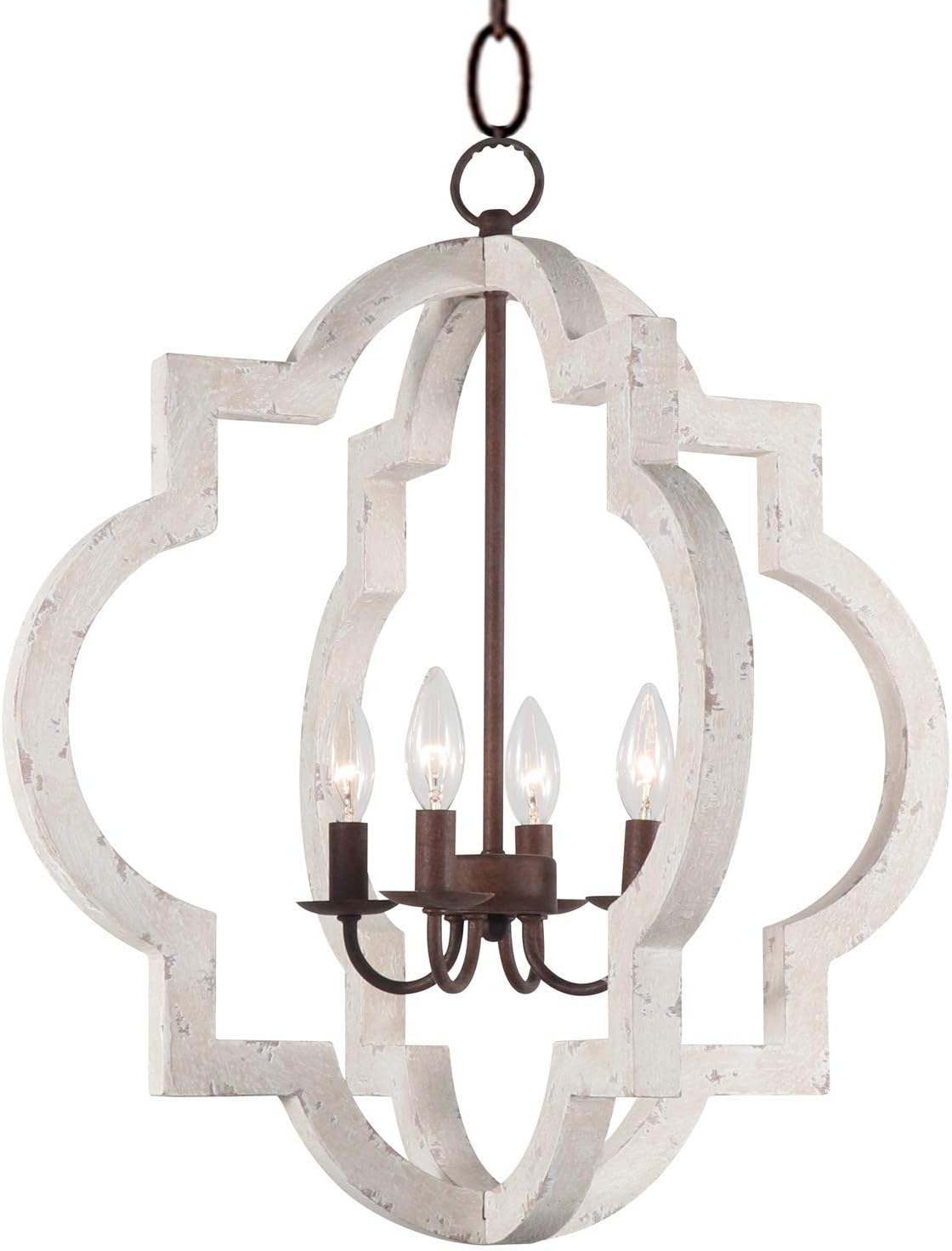 Vintage Wood Chandeliers4-Light White Farmhouse Orb Hanging Ceiling Pendant Mount Lighting Fixture for Dining Room, Kitchen Island, Entryway, Bedroom, Foyer, Hallway