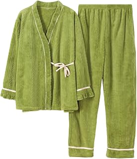 Pajamas for Women Set,Women's Pajamas Set Green Thick Flannel V-Neck Tie Jacquard Fashion Cozy Warm Long Sleeve Pajamas Top & Amp; Bottom Set Loungewear Sleepwear Soft Sloth Sleepwear