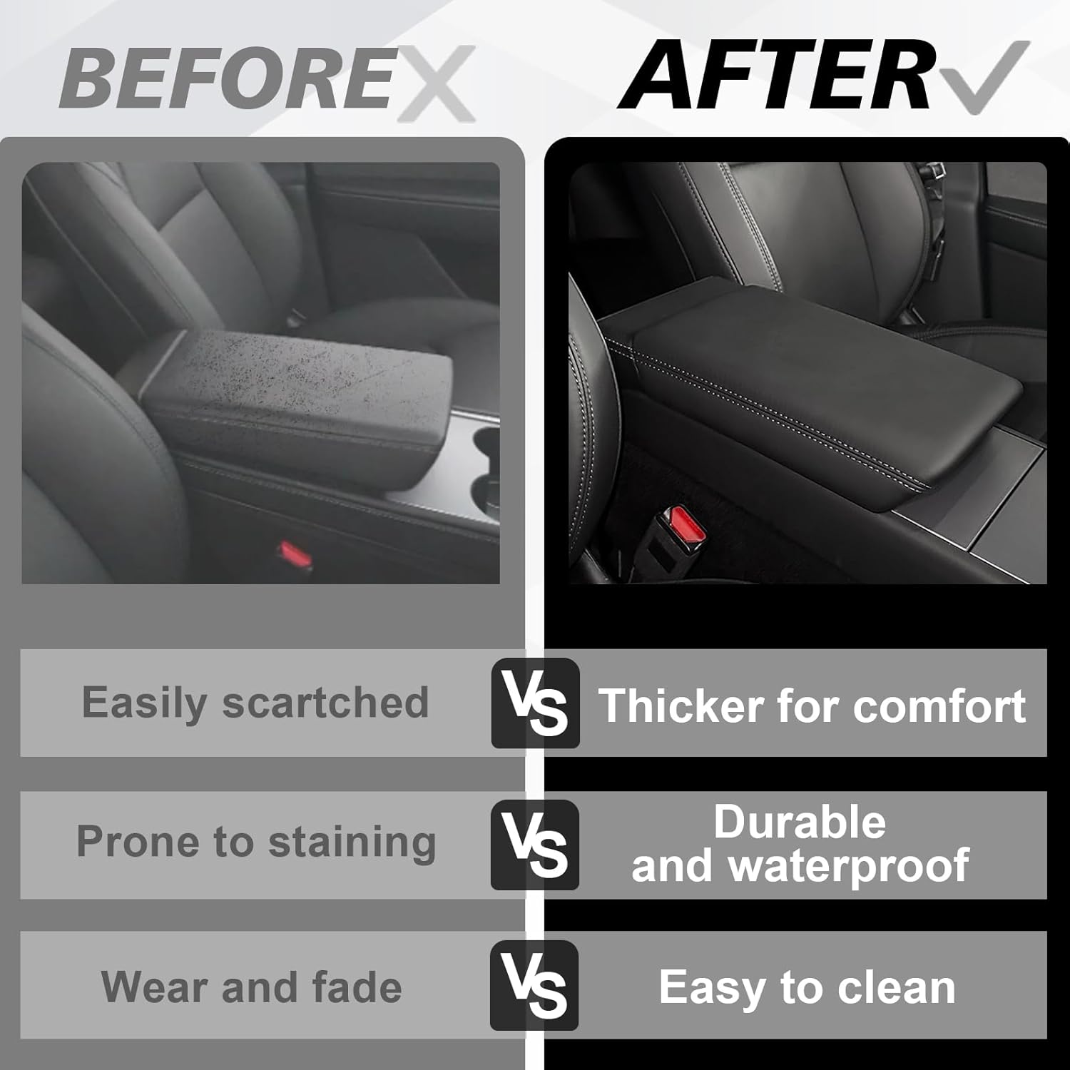 Muslogy Center Console Armrest Cover Fit for Tesla Model Y Juniper 2026+ / Model 3 Highland 2024+ Accessories, Comfort Armrest Pad Console Lid Cushion Vegan Leather Snap-On Black (Hard Cover)