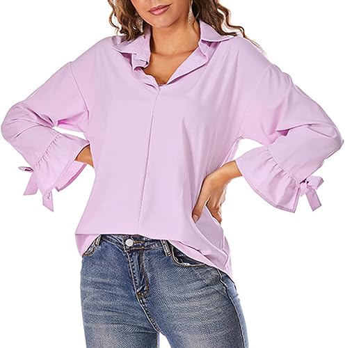 Miniatura 7 de Camisa de manga larga acampanada para mujer, para otoño, casual, cuello con lazo, con puño, ajuste holgado, camisetas