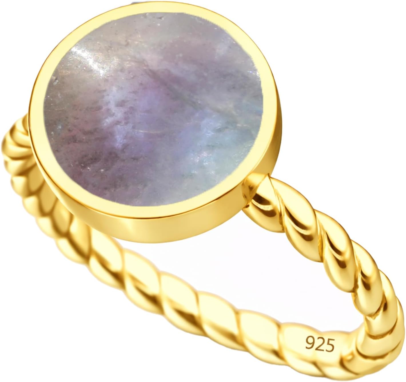 925 Sterling Silver 10mm Round Gemstone Ring for Women | 24K Gold Vermeil Bezel Set Twisted Rope Band Statement Ring | Vintage Inspired Elegant Jewelry | Artisan Handmade Designer Silver Ring
