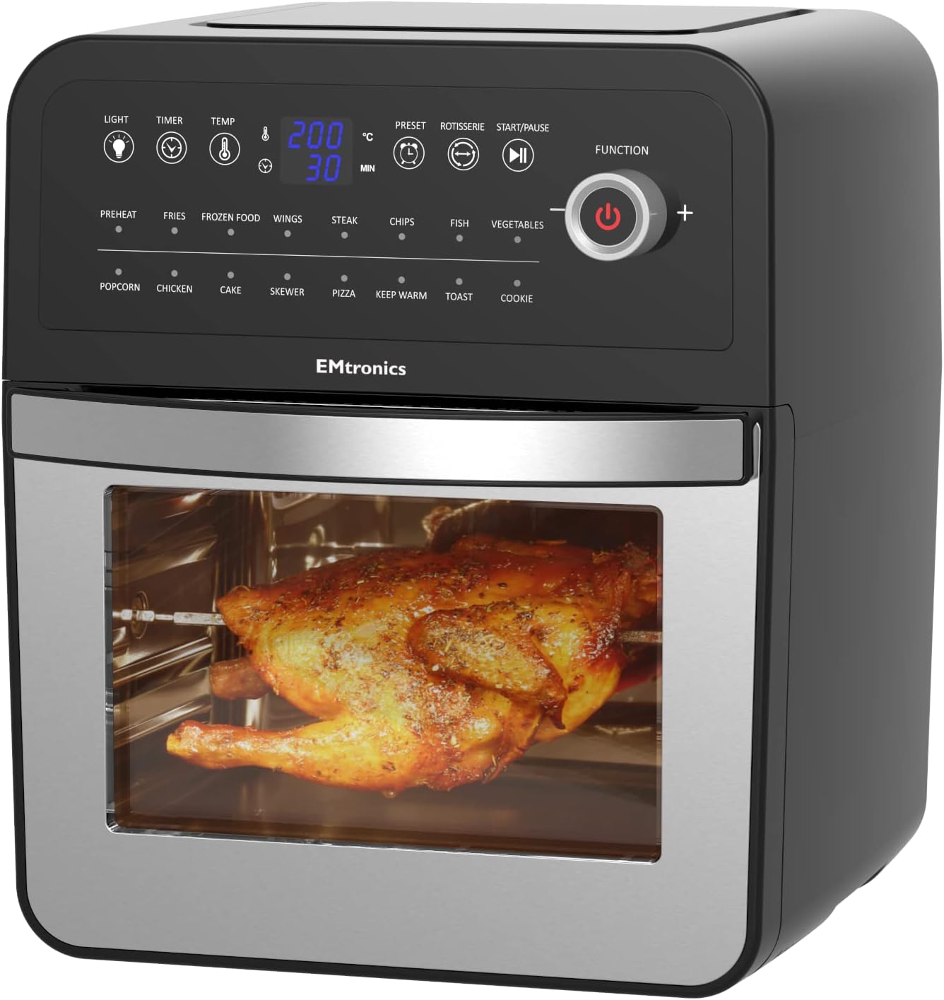 EMtronics Retro Air Fryer Oven Combi, Rotisserie and Grill, Large Family Size 12L with 16 Pre-Set Menus for Oil Free Cooking – Silver