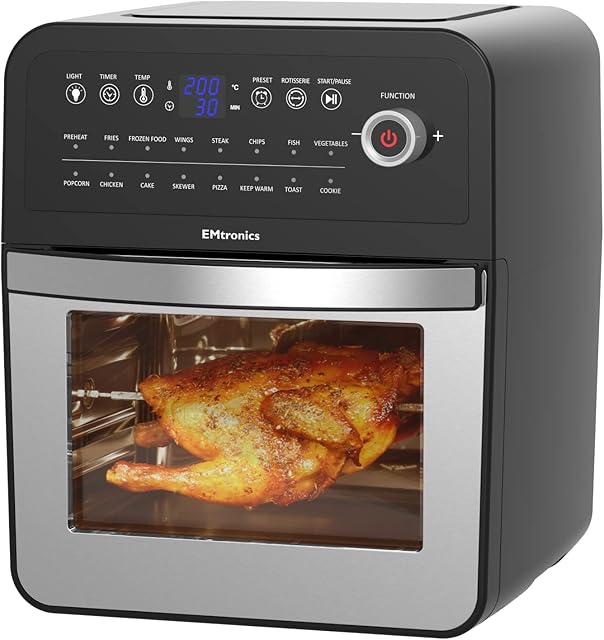 EMtronics Air Fryer Oven Combi, Rotisserie and Grill, Large Family Size 12L with 16 Pre-Set Menus for Oil Free Cooking  Silver