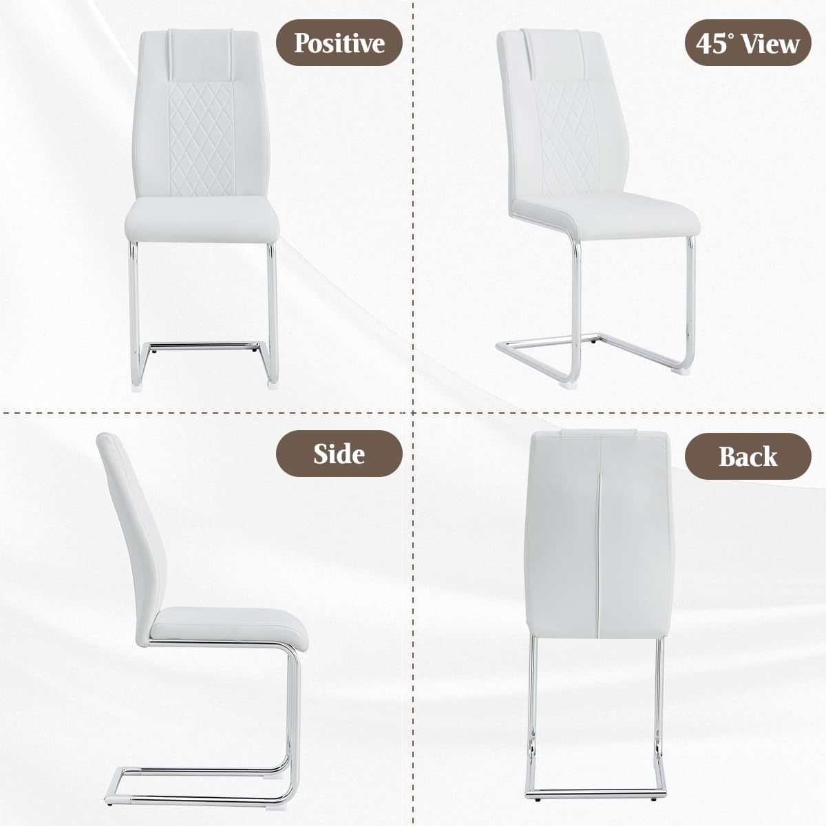 Dining Chairs Set 6, High Back White Kitchen Chairs,Waterproof Faux Leather Dinner Chairs with Upholstered Seat,Armless Side Chair with Chrome Plate Metal Legs for Kitchen Dining Room