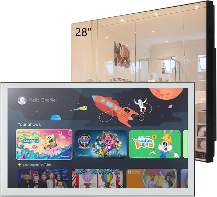 elecsung 28 inches Smart Mirror for Bathroom, 4K UHD, IPX6 Waterproof, ATSC DTV Television, Voice Control with Wi-Fi & Bluetooth, 2026 Model