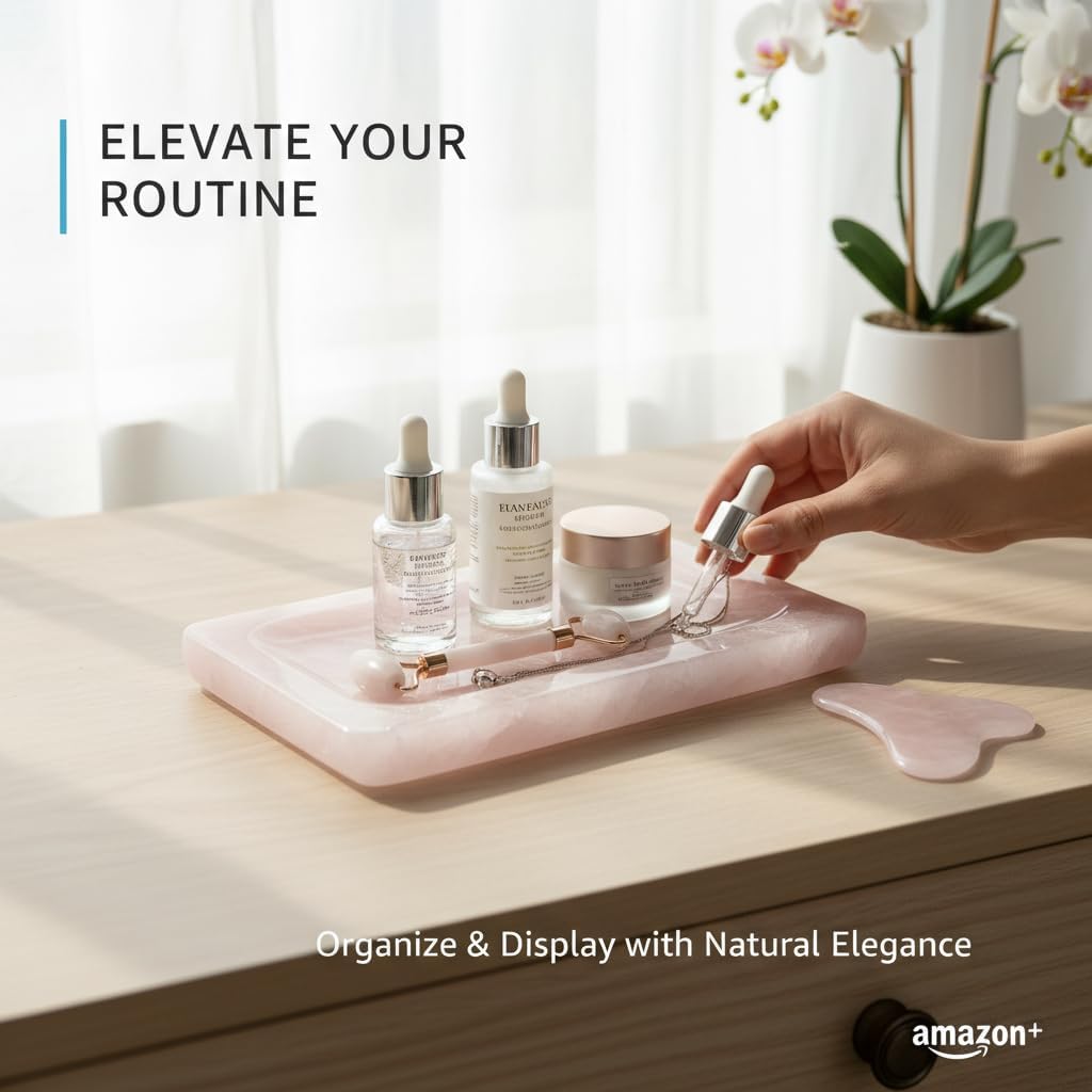 Large Natural Rose Quartz Crystal Tray - 9.8" Pink Stone Jewelry Dish & Aesthetic Cosmetic Organizer - Luxury Decorative Catchall for Vanity, Bathroom, Nightstand Decor