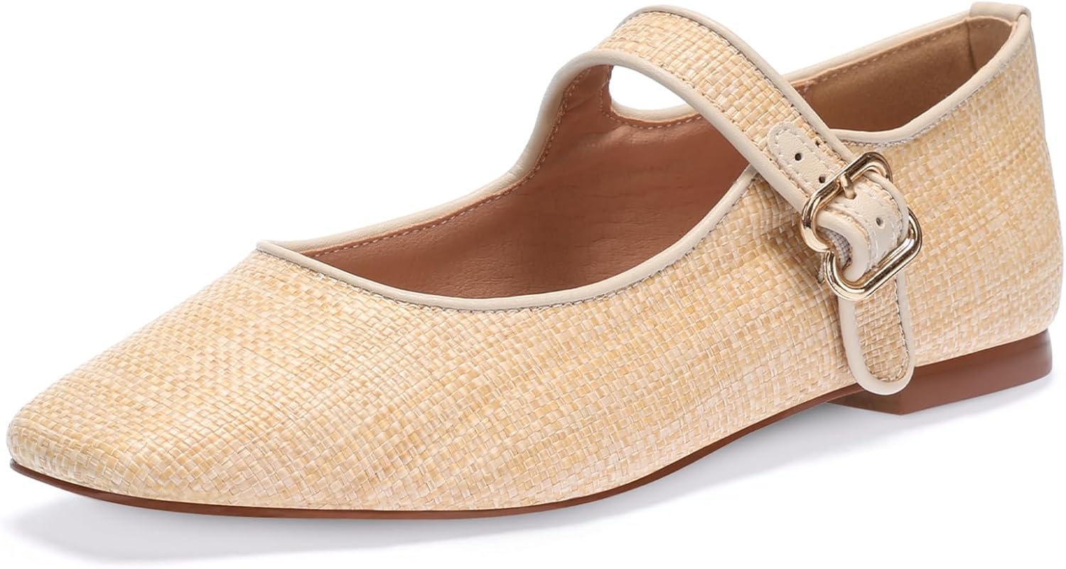 Raffia Mary Jane Flats Women, Woven Ballet Flats with Strap Closed Square Toe Flat Shoes for Daily Casual Dress