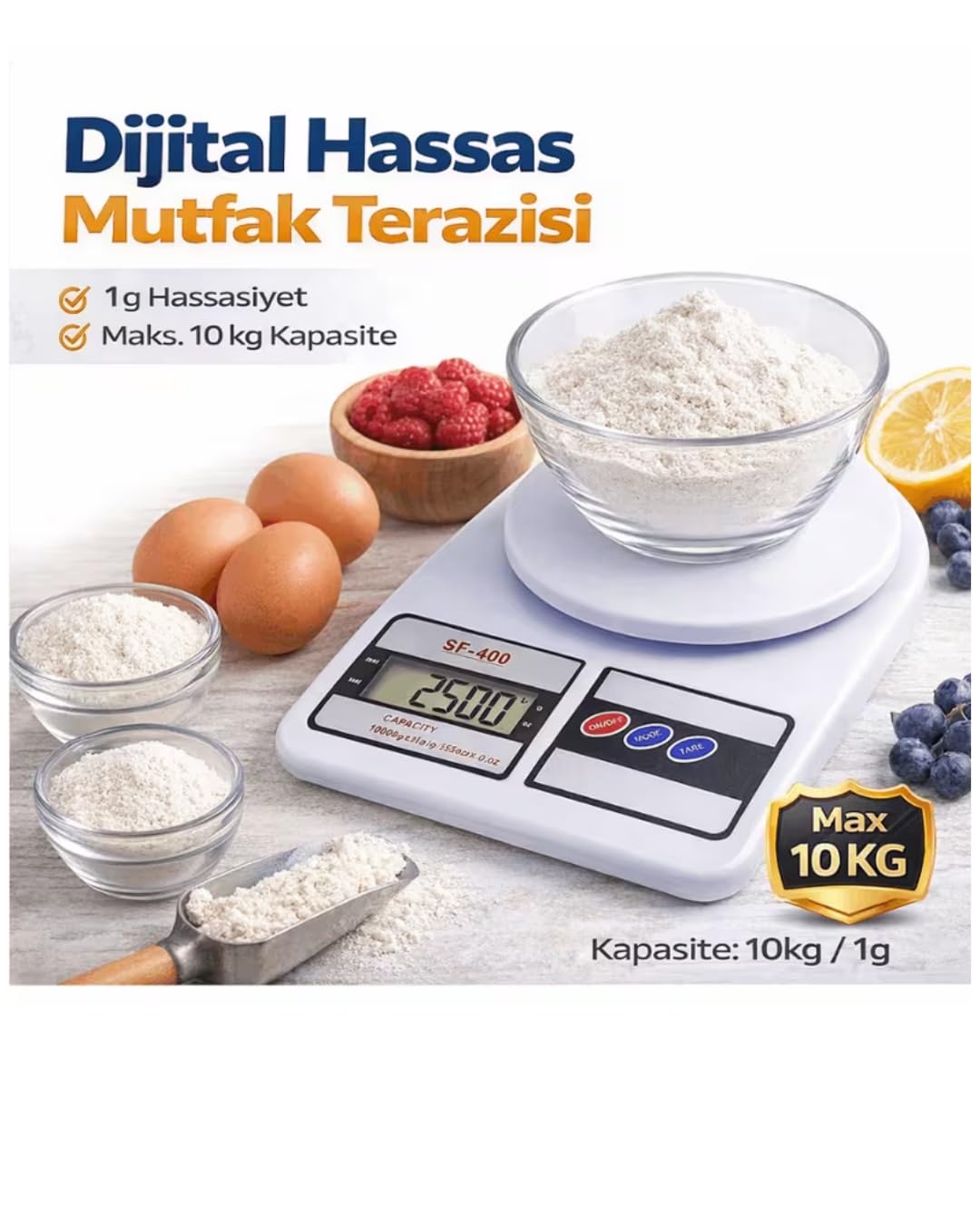 Dijital Hassas Mutfak Terazisi - 10kg Kapasiteli, LCD Ekranlı, Dara Fonksiyonlu Profesyonel Yemek, Pasta ve Diyet Tartısı - Beyaz (Pille Çalışır)