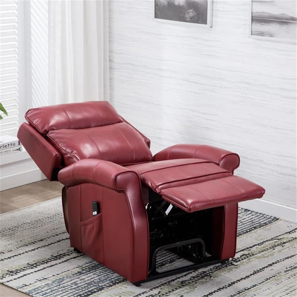 Pemberly Row Contemporary Lift Chair, Red Faux Leather Upholstery, Three-Position Electric Recliner with Wired Controller, Side Pocket Storage, Living Room Seating, Supports Up to 350 lbs