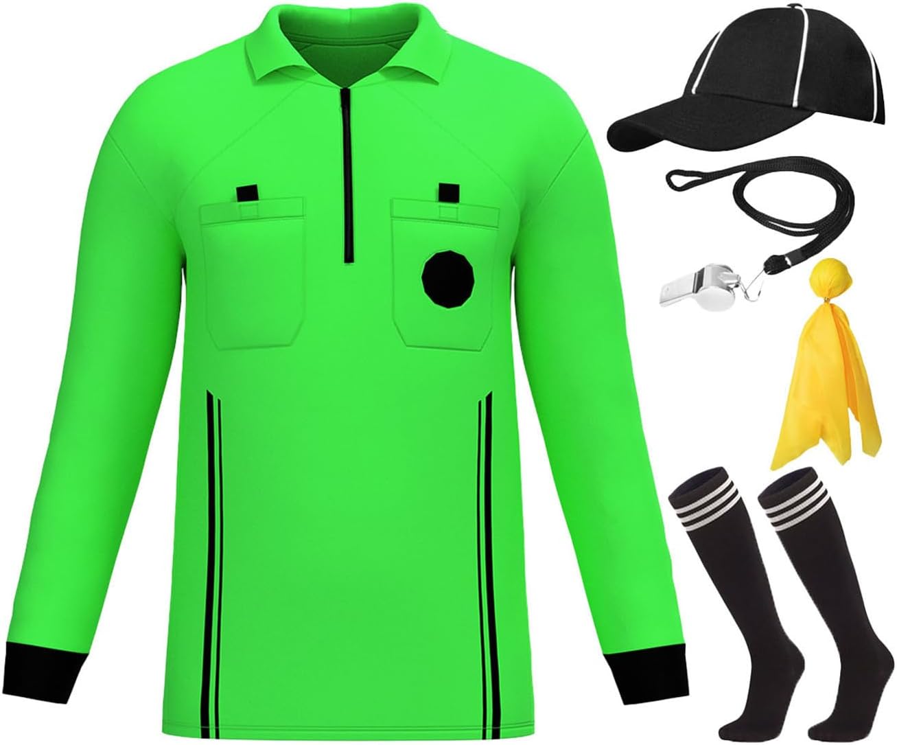 Men Referee Costume Soccer Referee Jersey Shirt Hat Socks Whistle Set for Basketball Football Soccer