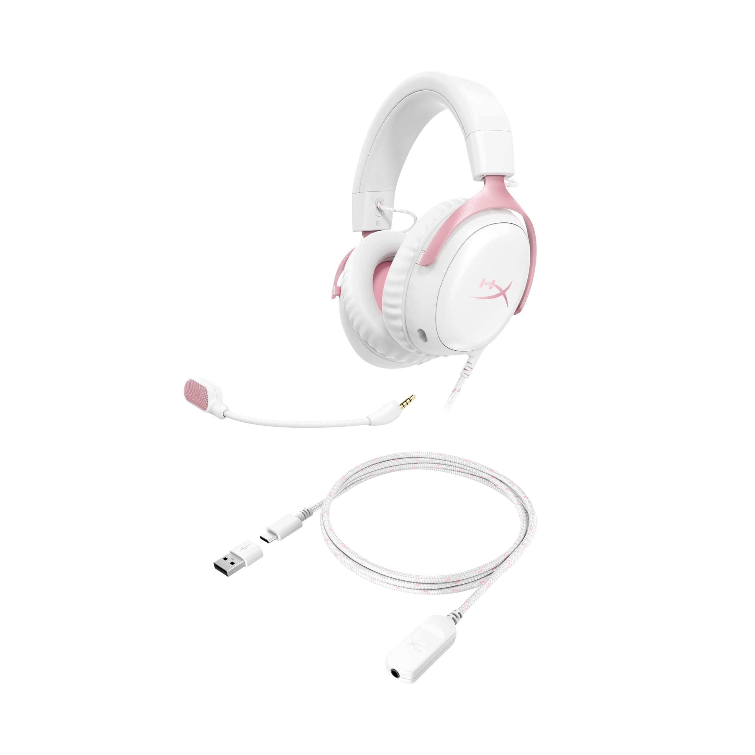 HyperX Cloud III, Casque Gaming Filaire, PC/PS5/Xbox Series X|S, DTS Headphone:X, Haut parleurs inclinés 53 mm, Micro 10 mm antibruit, USB-C/USB-A/3,5 mm, Blanc et Rose