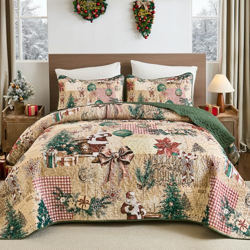 WONGS BEDDING Queen Christmas Quilt Set, Snowman Tree Garland Bedspread