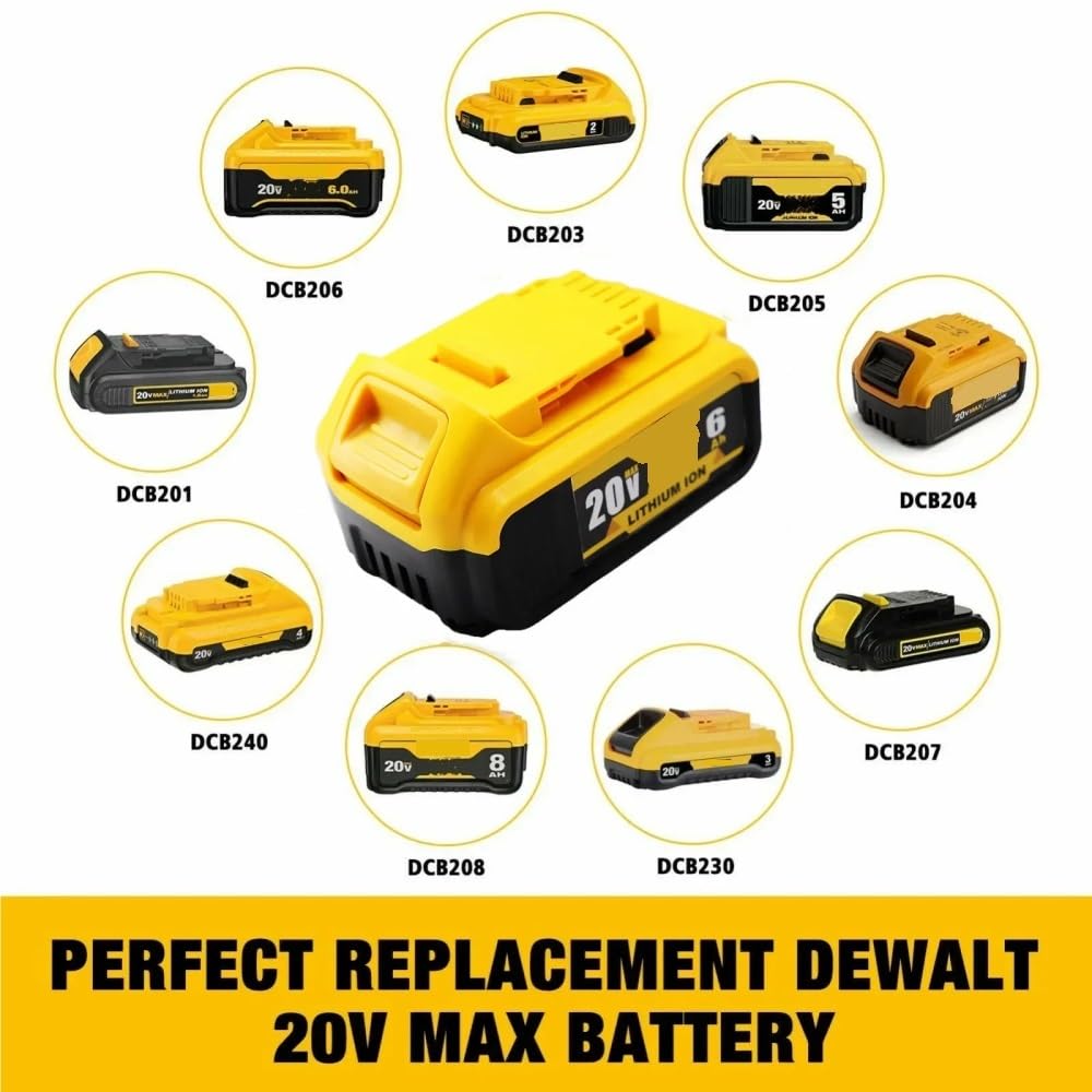Batteria al litio DCB200 20V 8Ah 6000mAh compatibile con le serie DeWalt 20V Max DCB180/DCB200/DCB204 e gli utensili cordless DCD/DCF/DCG/DCS | Batteria ricaricabile ad alta capacità |(2PCS 6.0Ah)