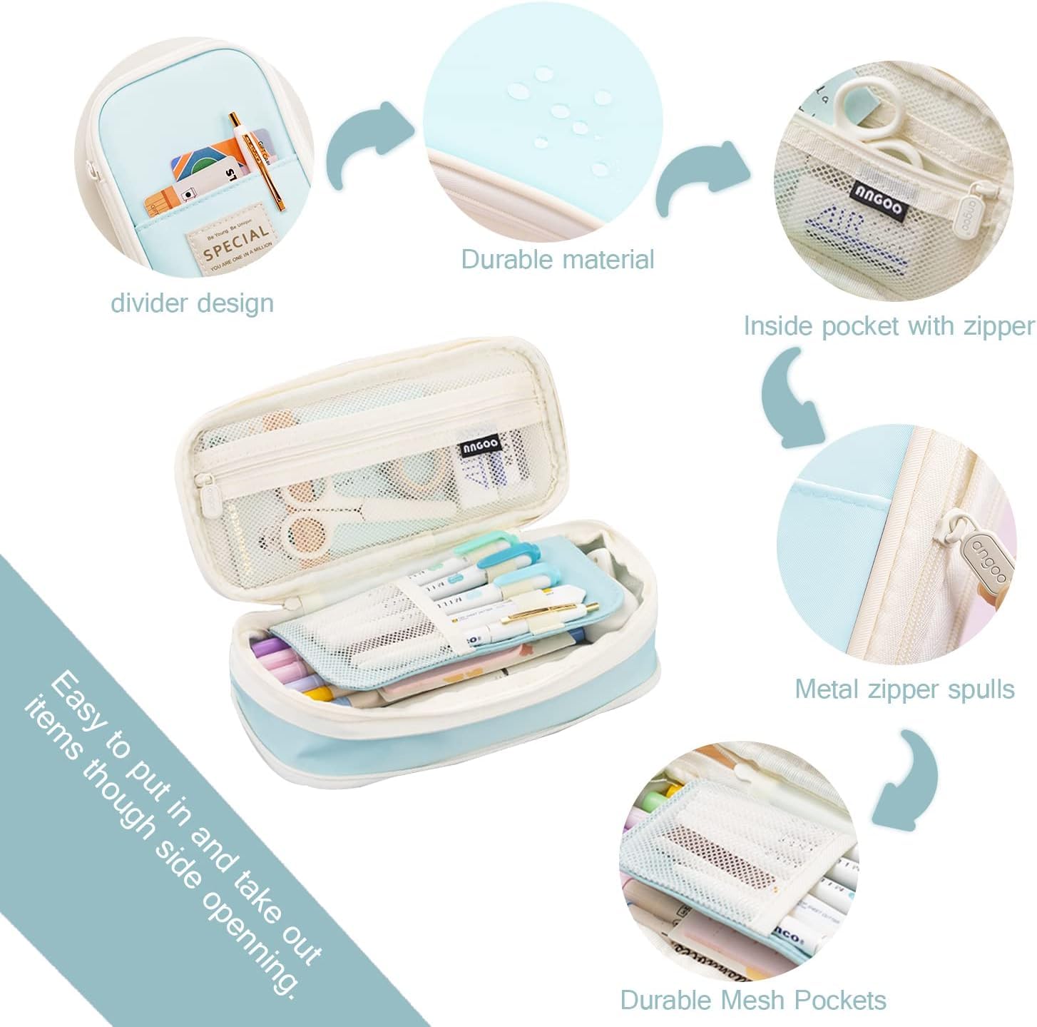 PRANIJ Cute Aesthetic Large Capacity Expandable Pencil Case Pouch with Zipper Portable Office Stationery Desk Organizer for School Collage Boys Girls Adults Women Men (Light Blue) 3