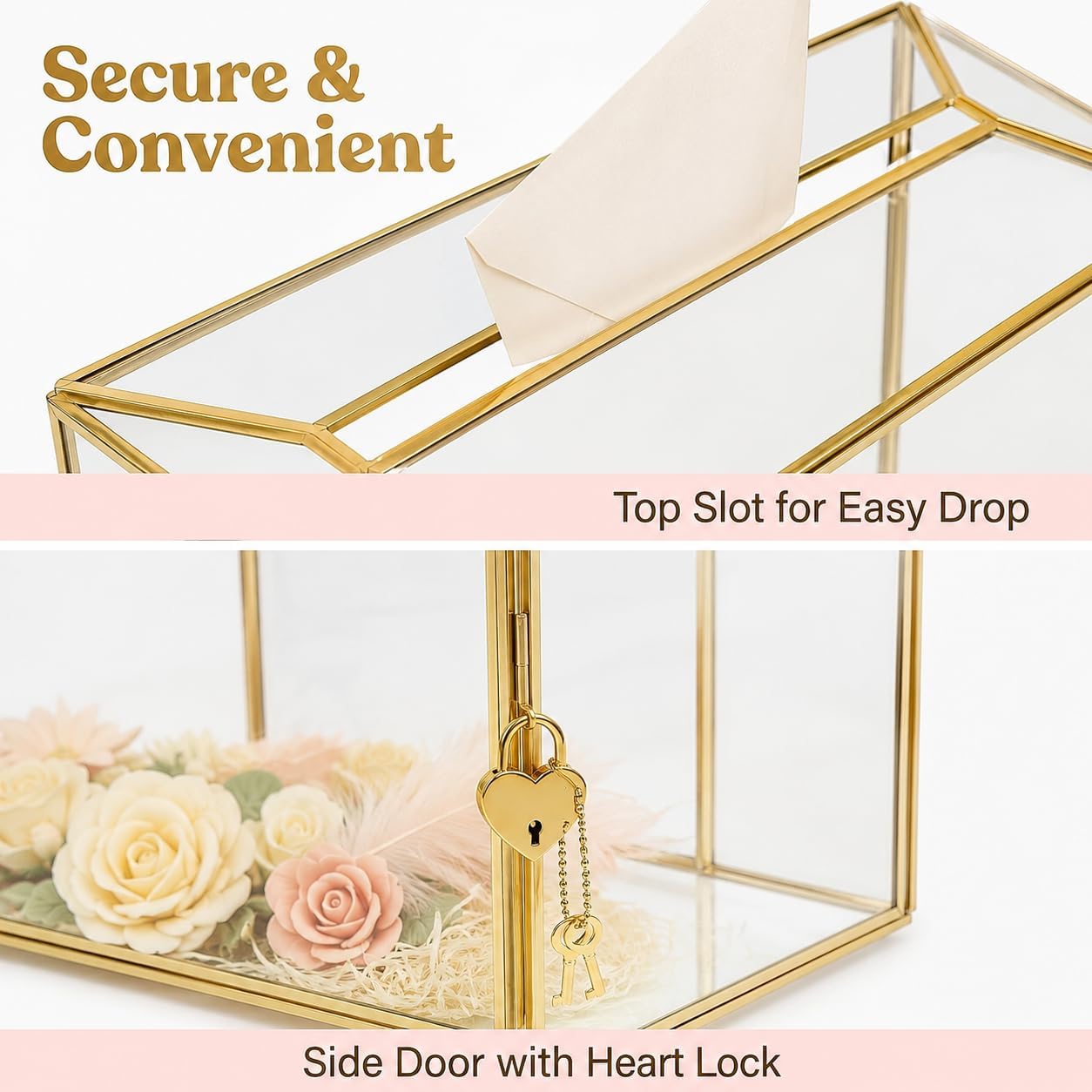 Glass Wedding Card Box with Lock,Gold Card Box for Wedding Reception