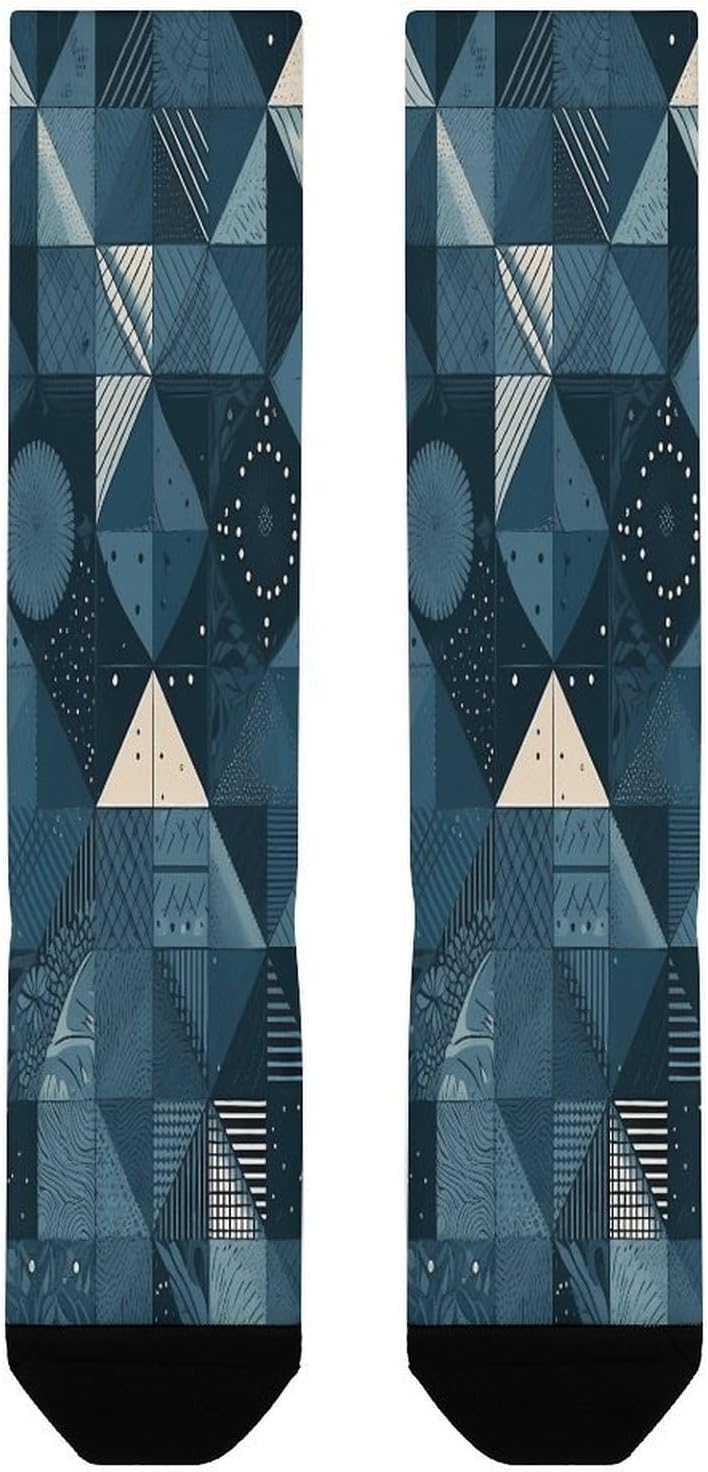 Blue Geometric Pattern Socks Casual Athletic Long Sock Lightweight Sport Crew Sock Cozy Work Boot Socks for Hiking Sports Running Workout Gym