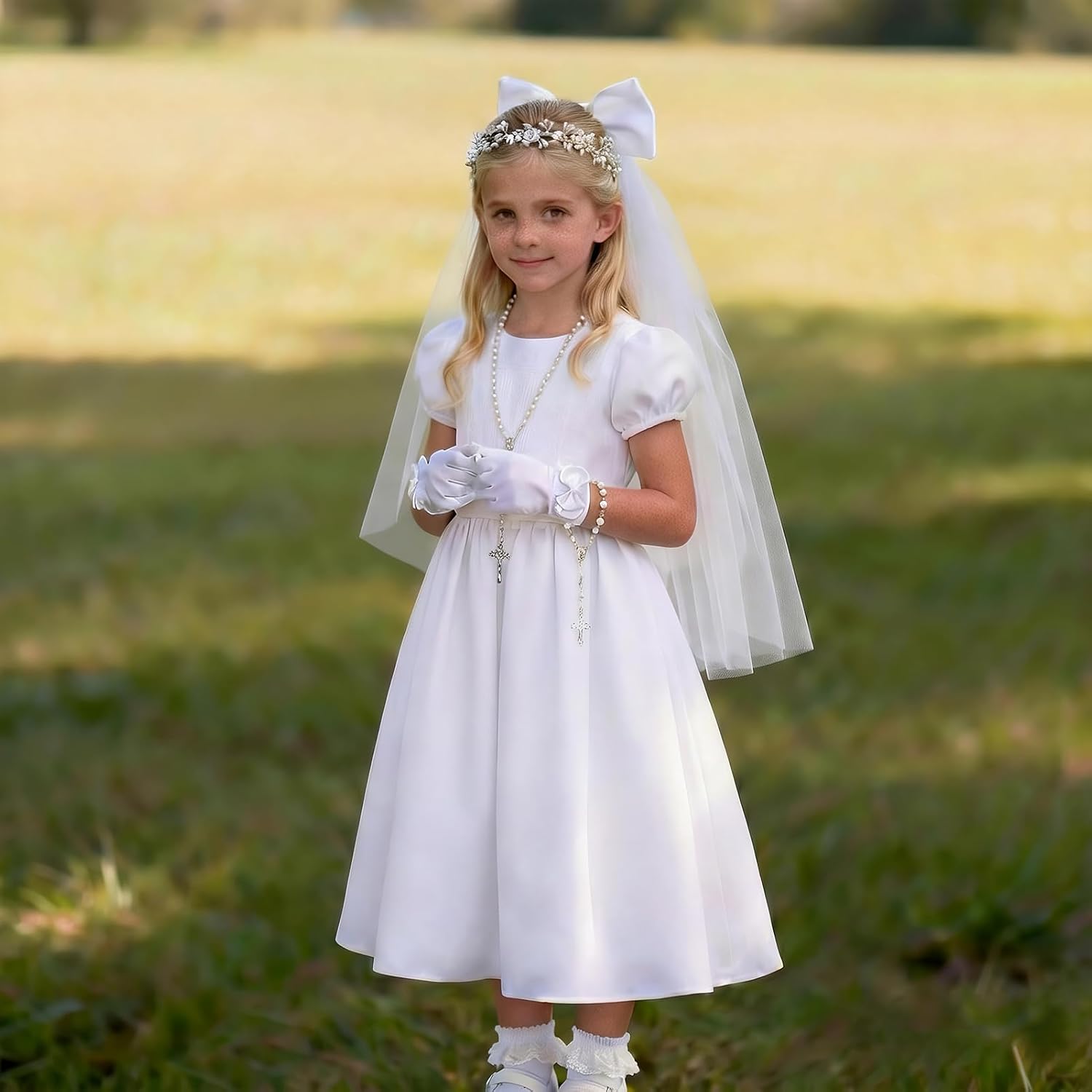 6 Pcs First Communion Veil Catholic Set-1st Communion Veil Headpiece Rosary Necklace & Bracelet Gloves Socks Accessories Set
