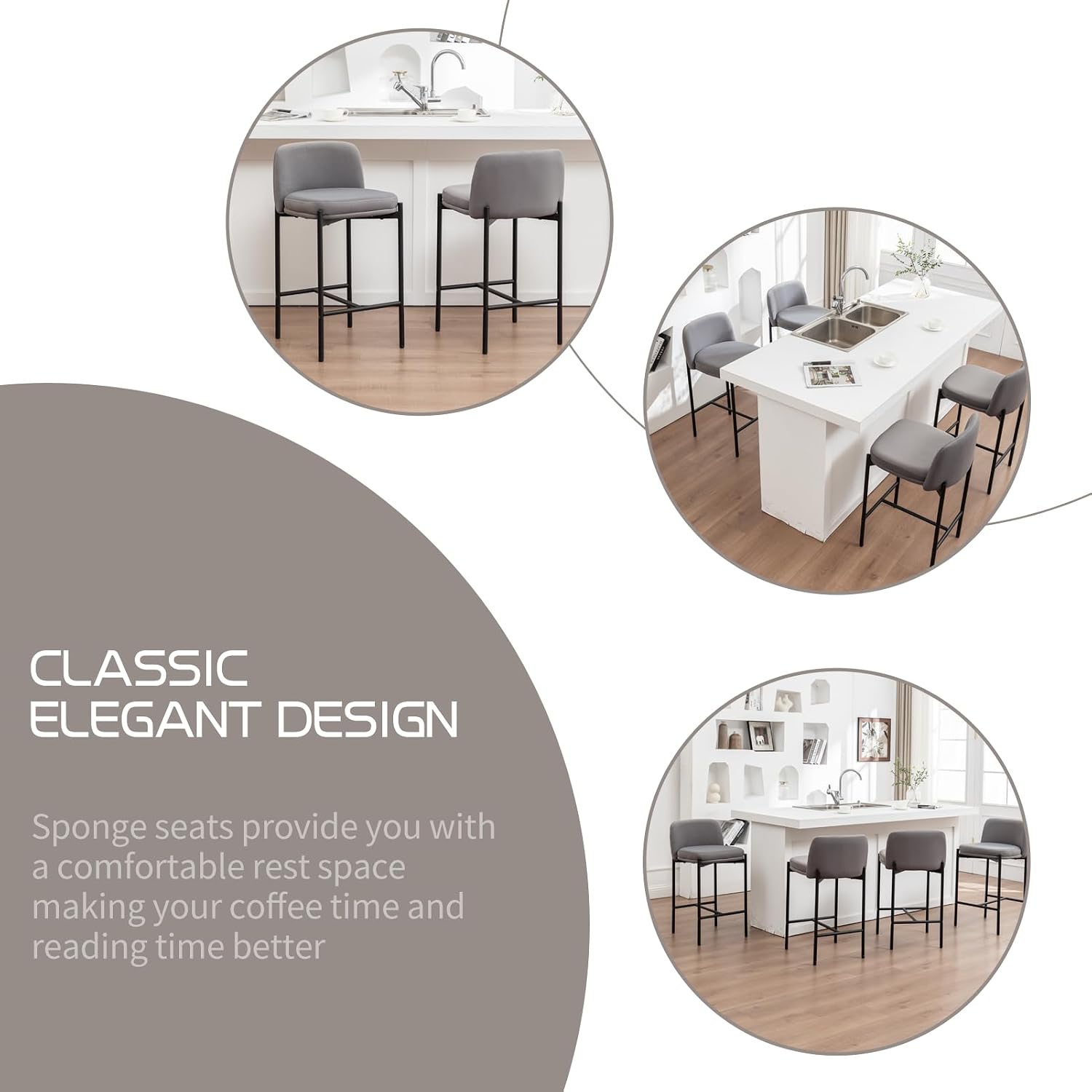 Counter Height Bar Stools Set of 4, Modern Barstools with Curved Back, Grey Velvet Counter Stools for Kitchen Island, Dining Room, Cafe, Pub
