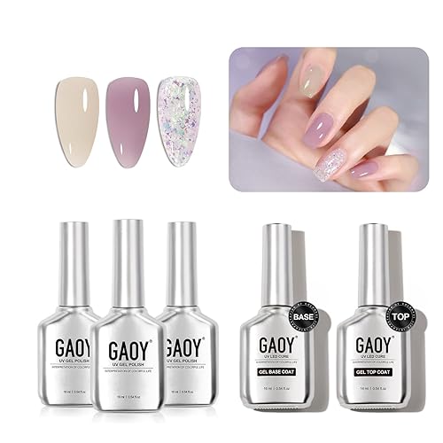 GAOY Esmalte de uñas de gel de gelatina en 3 colores nude gris morado con purpurina, capa superior de gel y capa base