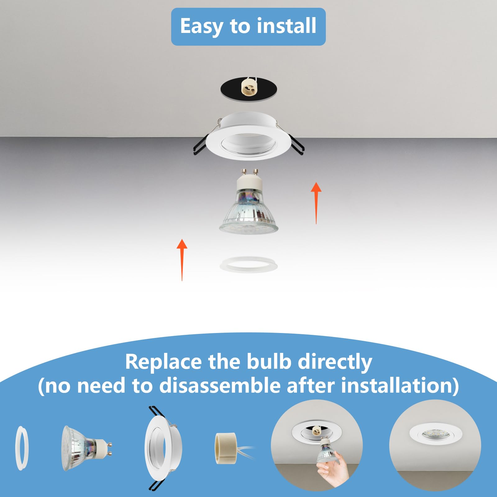 Cornice Faretti incasso cartongesso GU10 Alluminio Bianco, Portafaretto Faretto led da incasso per cartongesso incl.portalampada GU10 Rotondo 65mm per LED e Alogeno, 60-70mm 230V 10 Pezzi