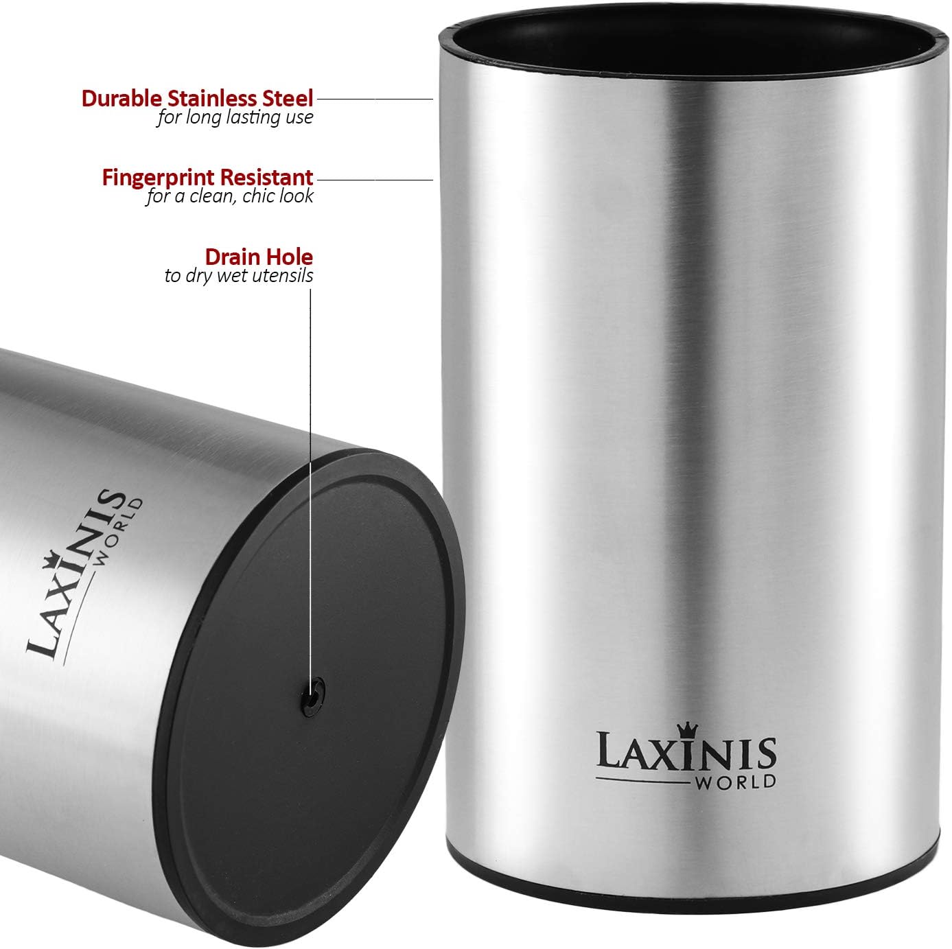 Laxinis World Stainless Steel Kitchen Utensil Holder, Kitchen Caddy, Utensil Organizer, Round Shape Utensils Crock, 7" by 4.3" (utensils not included)