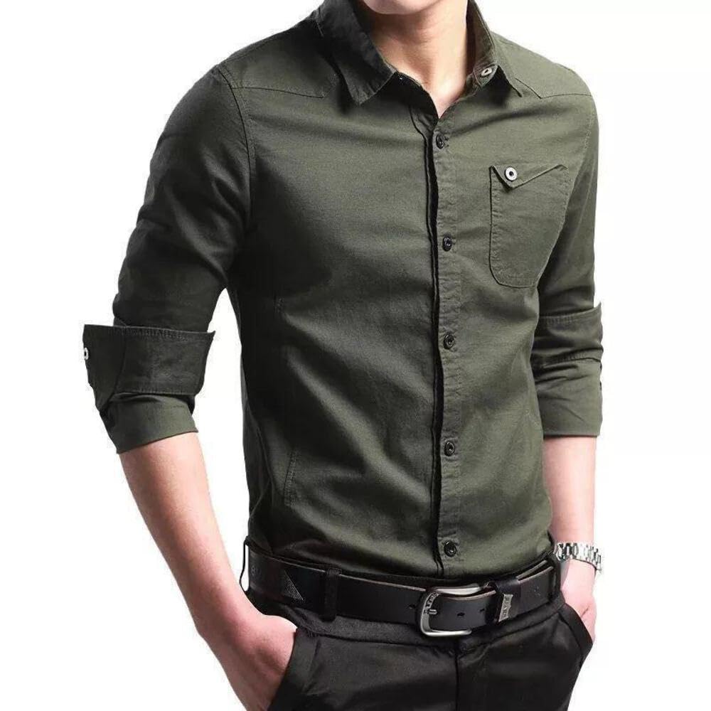 TB Trybuy.inExclusive Designer Army Green Cotton Solid Casual Shirt for Men