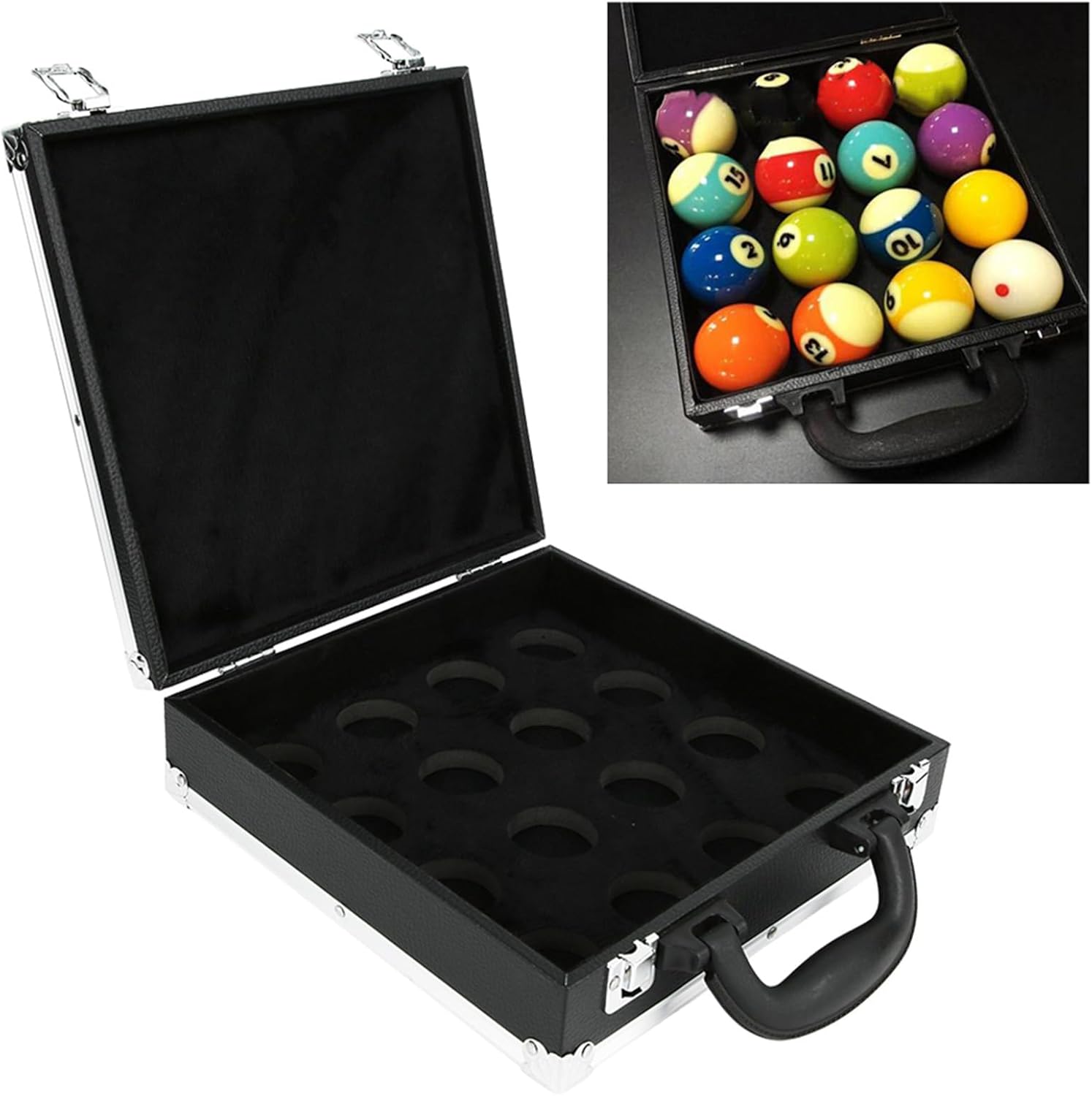 16-Ball Billiard Storage Box, Foam-Padded Interior with Stainless Steel Latches and Carry Handle, Pool Carrying Case for Billiard Players