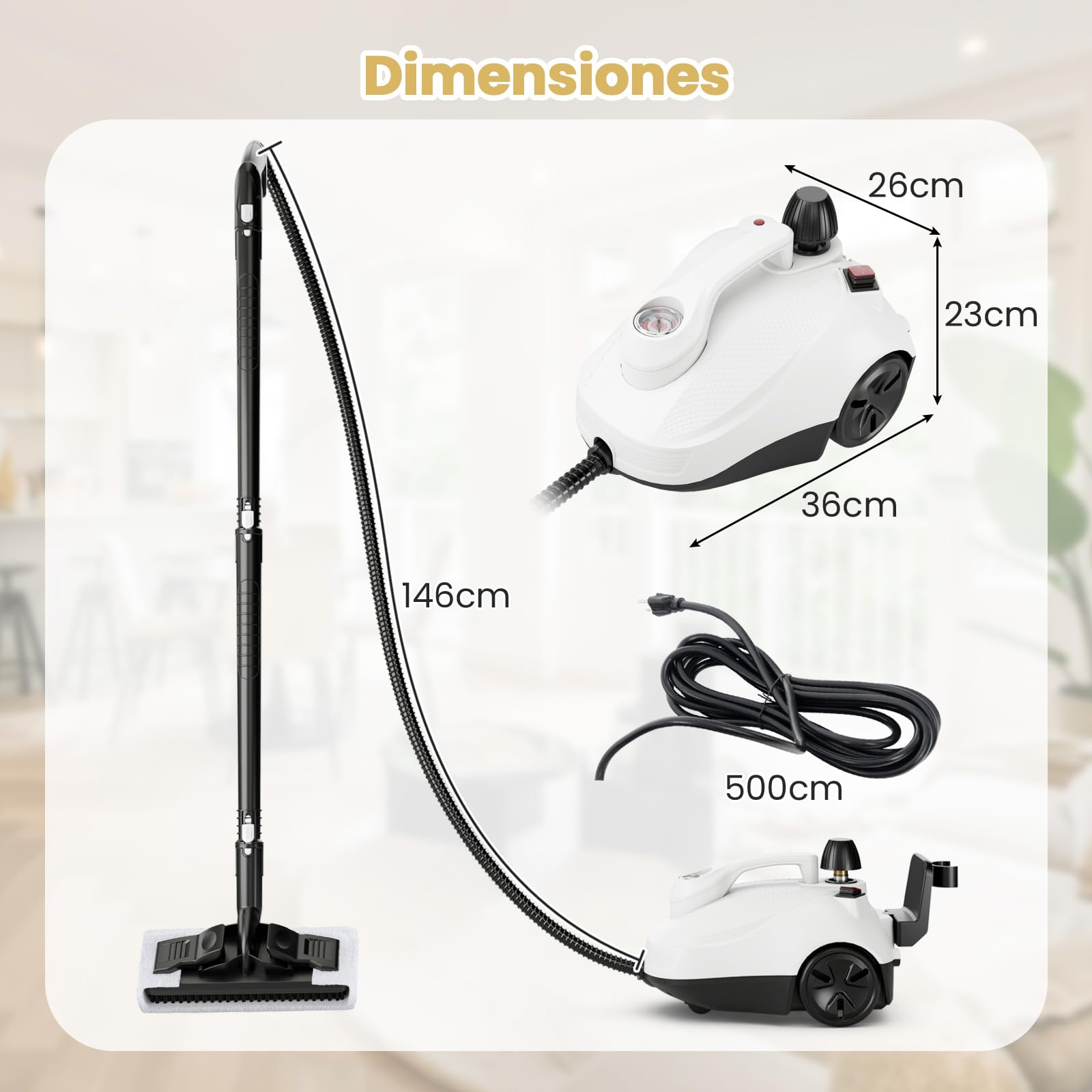 GOPLUS Limpiador a Vapor 2000W, Máquina de Limpieza a Vapor con Depósito de 1,8L, Alta Presión de 5 Bar, Mopa a Vapor con Ruedas y Accesorios Completos, para Suelos, Ventanas, Alfombras (Blanco)