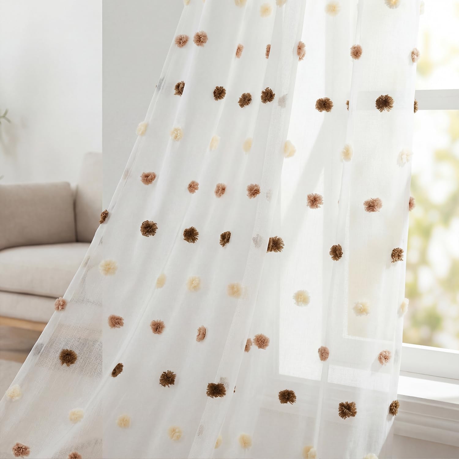 Horaldaily 2Pcs White Sheer Curtains 52x96in, Beige Coffee Pom Pom, Boho image 4