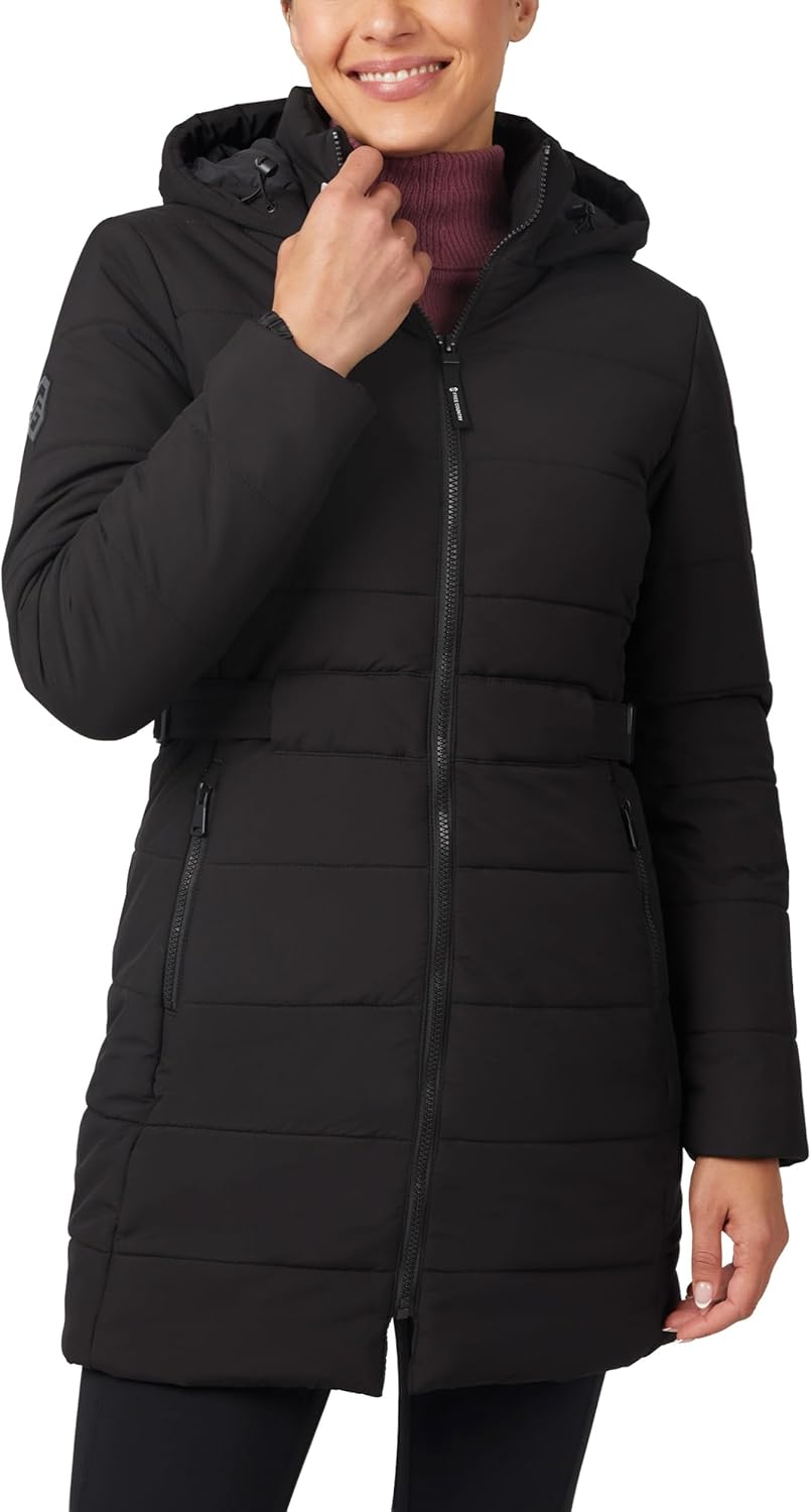 Free Country Women’s Long Puffer Jacket Warm Insulated Winter Coat Water & Wind Resistant Hooded Puffer Outerwear-Cirrus Long