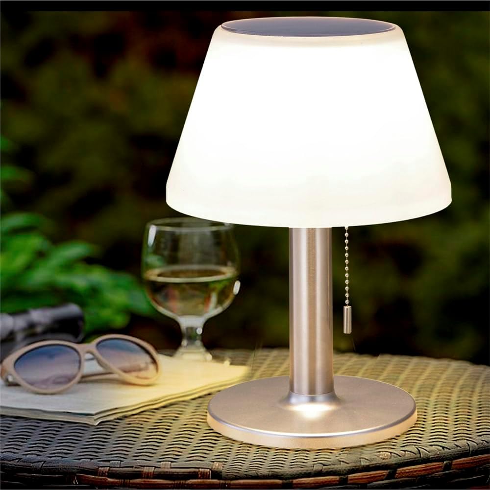 Solar Table Lamp, IPX4 Water-Resistant Outdoor Indoor Solar Lantern with Pull Chain and On/Off Switch, 300 Lumen LED, 2 Brightness Modes, for Patio, Garden, Bedroom and Camping
