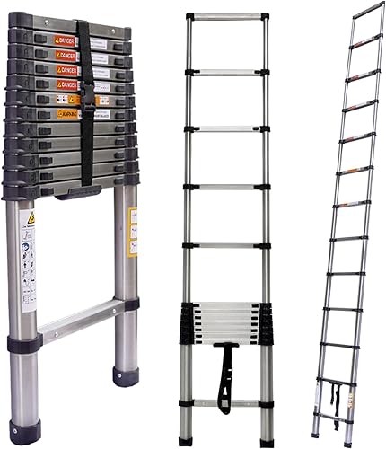 Miniatura 28 de Escalera telescópica de aluminio de 12.5 pies, escalera extensible con 2 ganchos desmontables, diseño de bloqueo de seguridad portátil y ligero