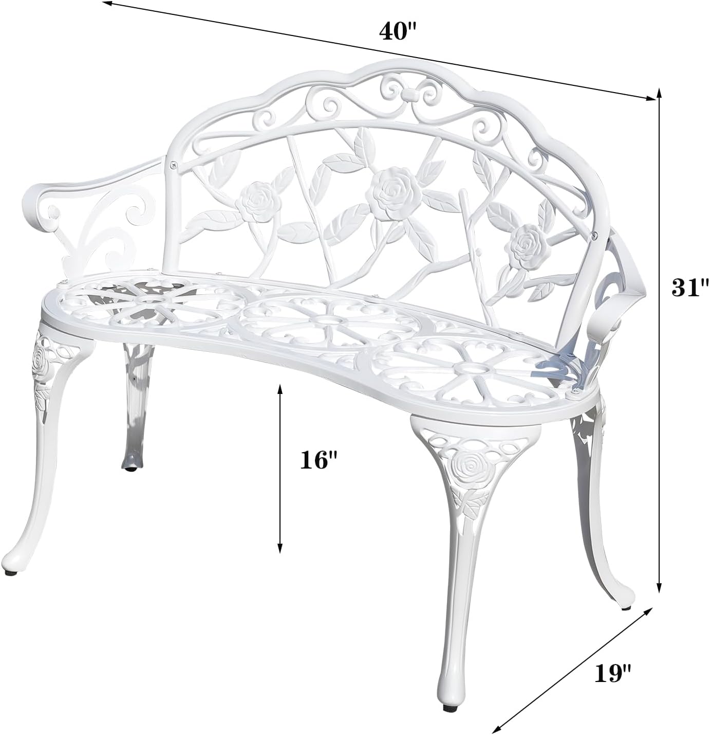 Cast Aluminium Outdoor Bench, Rose Garden Bench for Patio,Park,Lawn,Yard (White)