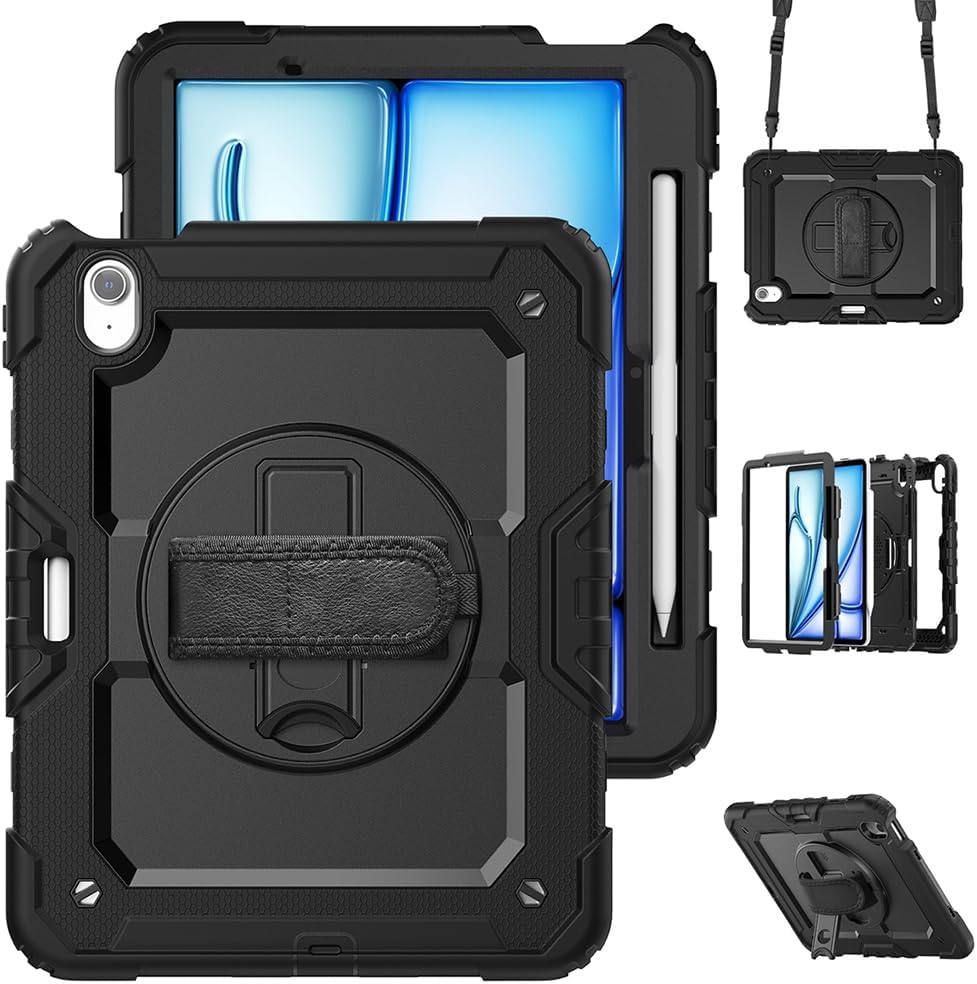 AmzerTUFFEN Multilayer Case with 360 Degree Rotating Kickstand with Shoulder Strap, Hand Grip, Pencil Holder for iPad Air 6th Gen 11 inch M2 (2024)/iPad Air M3 11" (2025) - Black