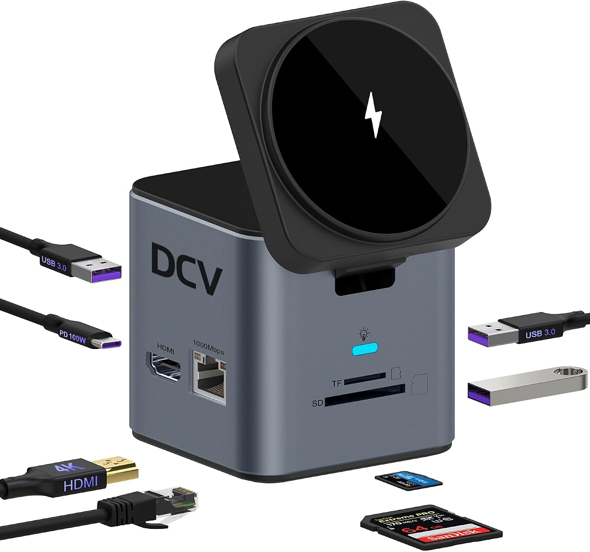 Estación de acoplamiento para computadora portátil USB C, concentrador 9 en 1 con cargador MagSafe, gris oscuro | Adaptador multipuerto USB C Hub, HDMI 4K, Ethernet de 1Gbps, 3 USB 3,0, SD/TF, para MacBook/Dell/HP/Lenovo/iPhone, soporte de cargador MagSafe