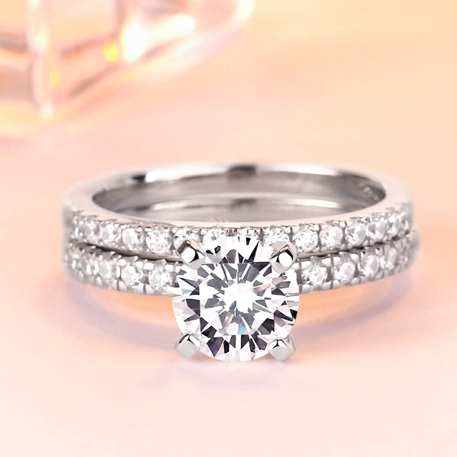 Eheringe aus Sterlingsilber, Schlichtes 2-Ring-Set für Damen aus Sterlingsilber mit Zirkonia