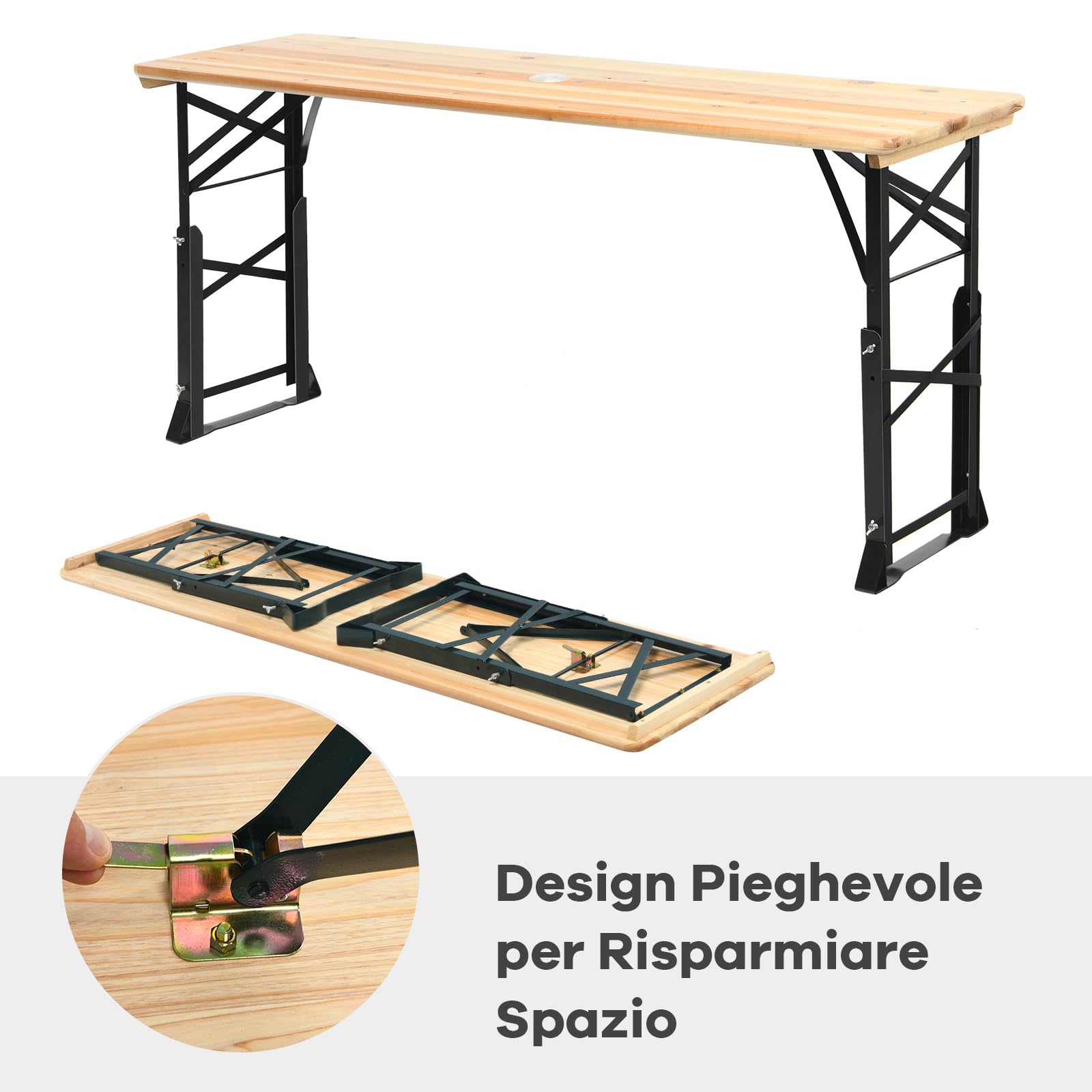 COSTWAY Tavolo da Picnic Pieghevole, Tavolo da Campeggio in Legno, con Altezza Regolabile, con Foro per Ombrellone, 168,5 x 50 x 75/105 cm, Portata 50 kg
