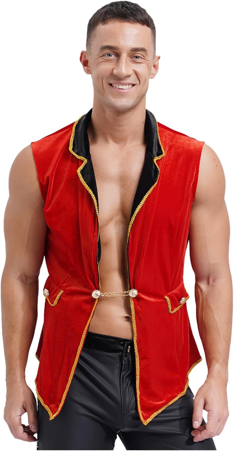 Linjinx Men's Circus Ringmaster Costume Sleeveless Lapel Tailcoat Halloween Cosplay Party Jacket