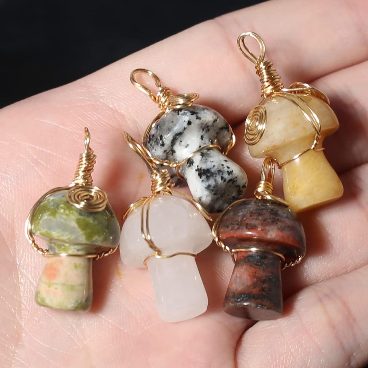 LHJ 10 Pcs Natural Stone Pendants Mushroom Shape Chakra Crystal Agate Stone Copper Wire Knitting Charms for Jewelry Making Necklace - Image 2