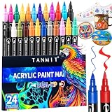 TANMIT 24 Colors Dual Tip Acrylic Paint Markers, Paint Pens Set with Brush Tip and Fine Tip For Fabric, Rock, Wood, Glass, Eggs, Scrapbook, DIY Crafts Making Art Supplies - Teacher Appreciation Gift