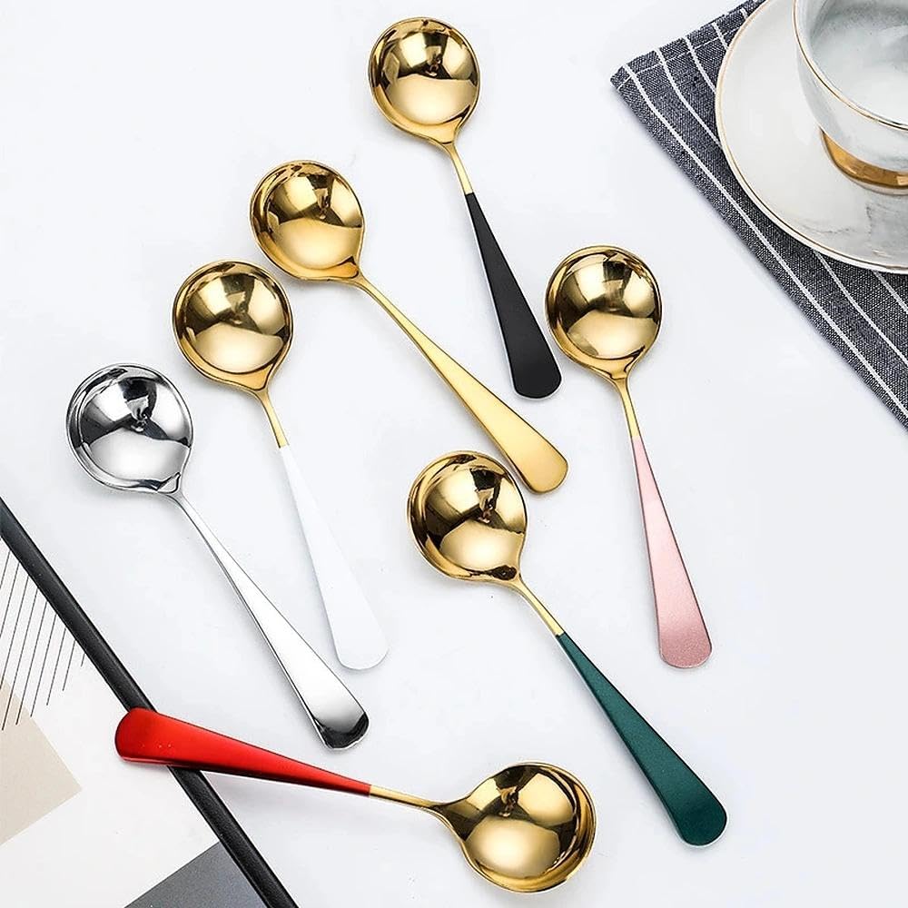 COMIART 4-Piece Enamel Coffee Spoons, 304 Stainless Steel Espresso Spoons with Thickened Long Handle, Colorful Round Teaspoons for Stirring Coffee, Tea, Dessert, Yogurt - Dishwasher Safe (Pink)