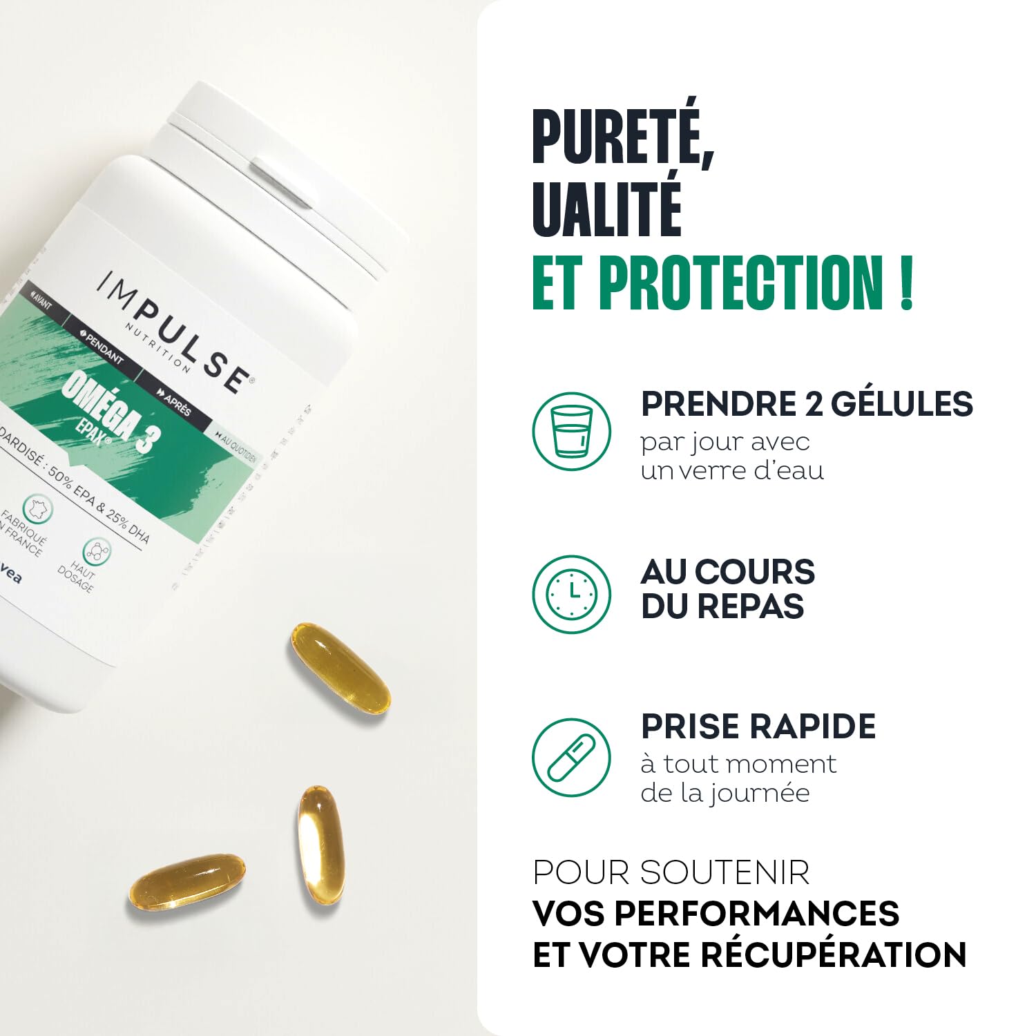 Impulse Nutrition - Oméga 3 concentrés 50% EPA / 25% DHA - Qualité Epax® - Pureté Totox <10 - Certifiés Friend of the Sea - Complément alimentaire Bien-être & Performance - Fabriqué en France