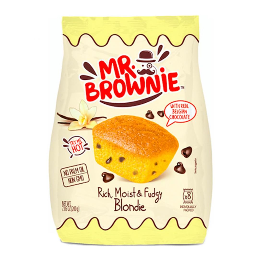 Mr. Brownie Blondies con Chocolate Belga – Pack de 12 (8 Blondies por Paquete) – Bizcochitos Suaves y Jugosos con Trozos de Chocolate – Snack Dulce Sin Frutos Secos, Ideal para Meriendas y Compartir
