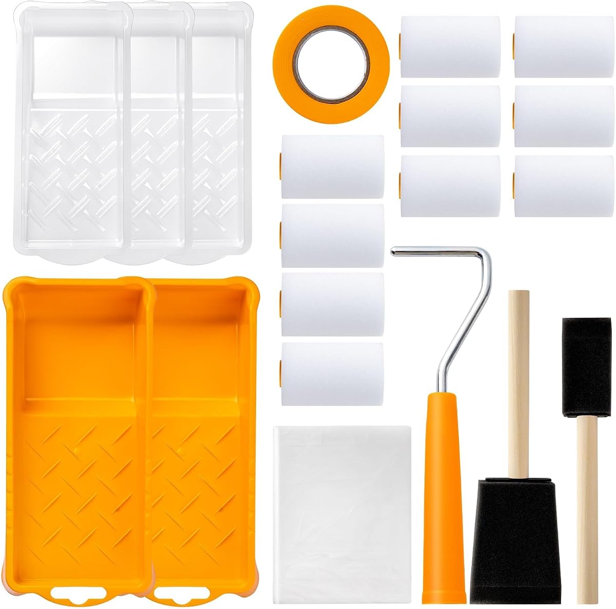 Mister Rui Mini Foam Paint Roller Kit, 2 Inch Paint Tray with Liner 20 Pack | Small Paint Rollers with Tray Disposable liners, Foam Roller Paint Brushes, Tape, Drop Cloth for Painting, Trim, Touch-ups