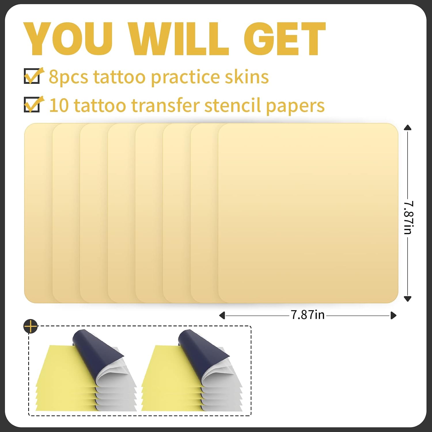Padieoe Tattoo Practice Skin 8pcs 7.8x7.8in 3MM Silicone Tattoo Fake Skin Double Sides Practice Sheet with 10 Transfer Stencil Paper for Beginners N201099-S-8N