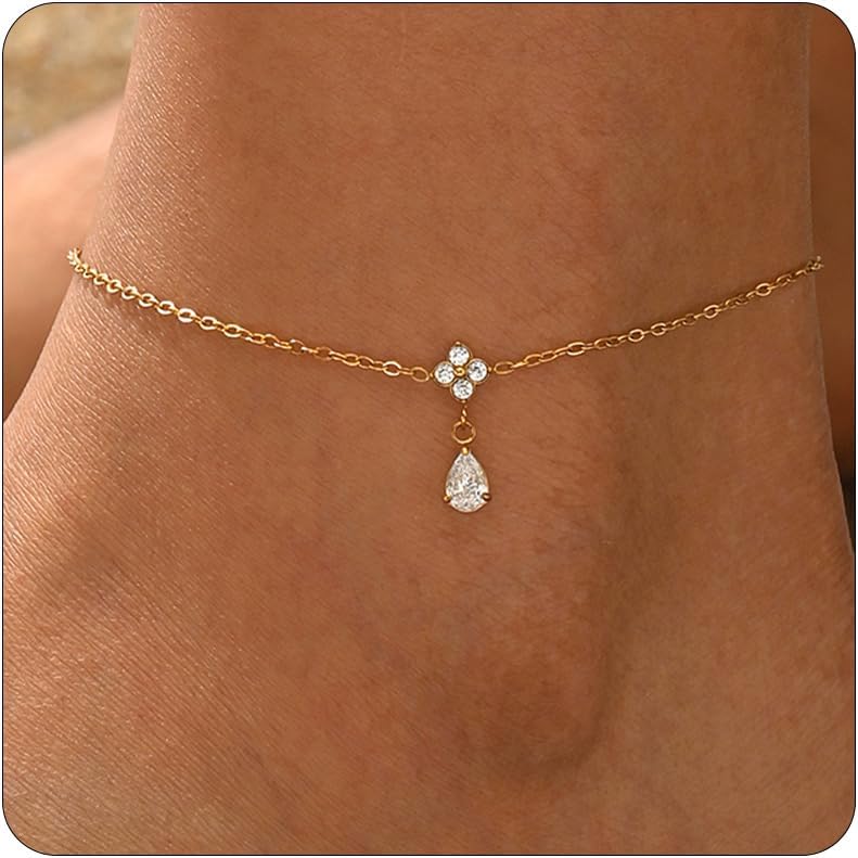 Gold Anklets for Women 18K Gold Plated CZ Ankle Bracelet Dainty Bar Tennis Ankle Trendy Summer Waterproof Beach Foot Chain Jewelry